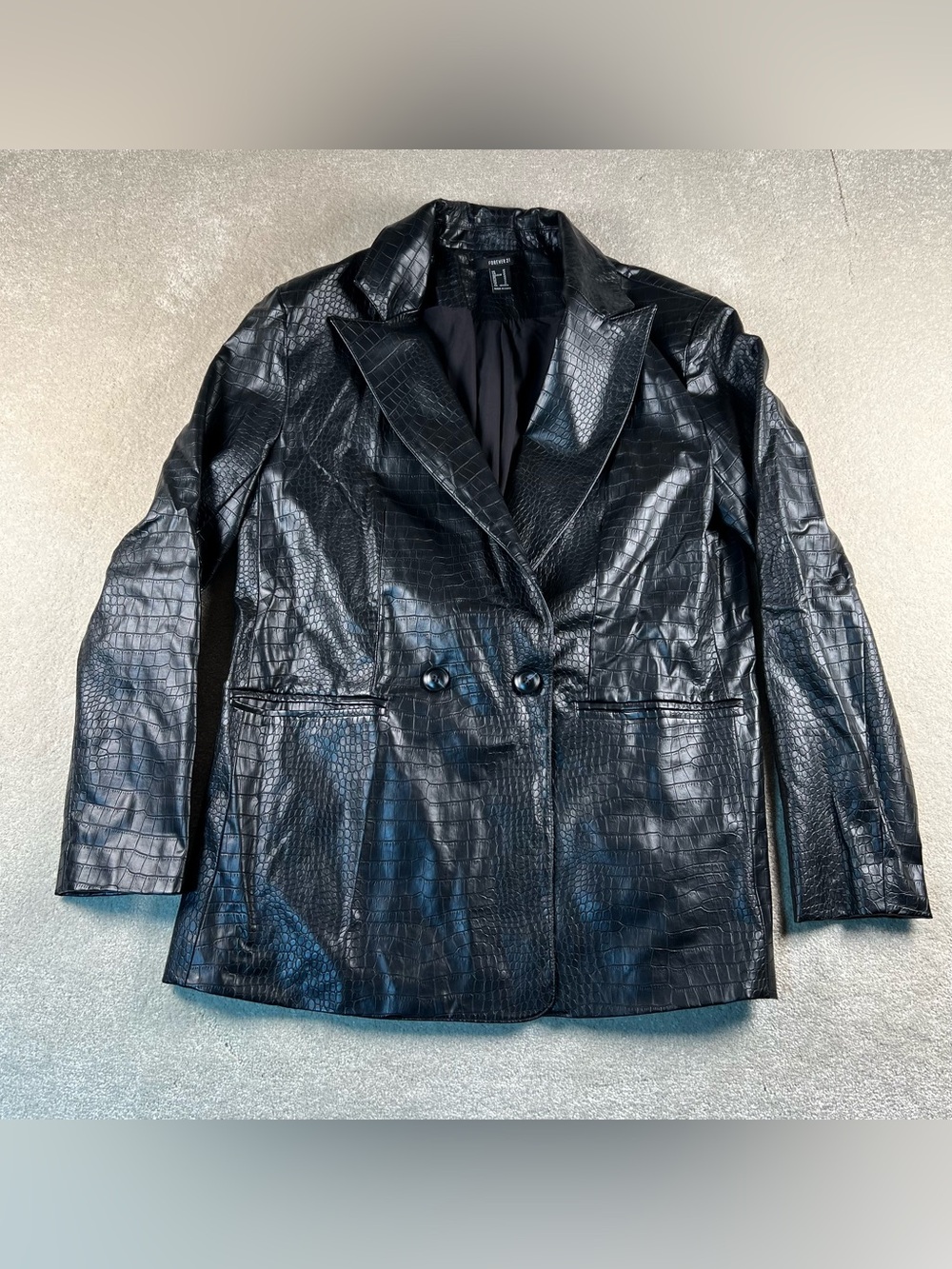 Forever 21 Jacket Black Faux Leather Croc Animal Print Blazer Women's M
